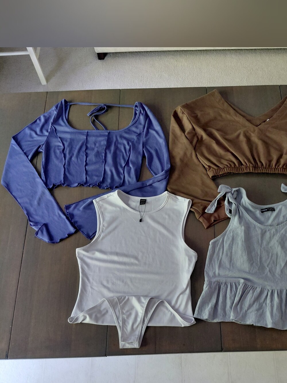 Shein White Bodysuit Blue Crop Top Brown Crop Sage Green Tank. Set Of 4.